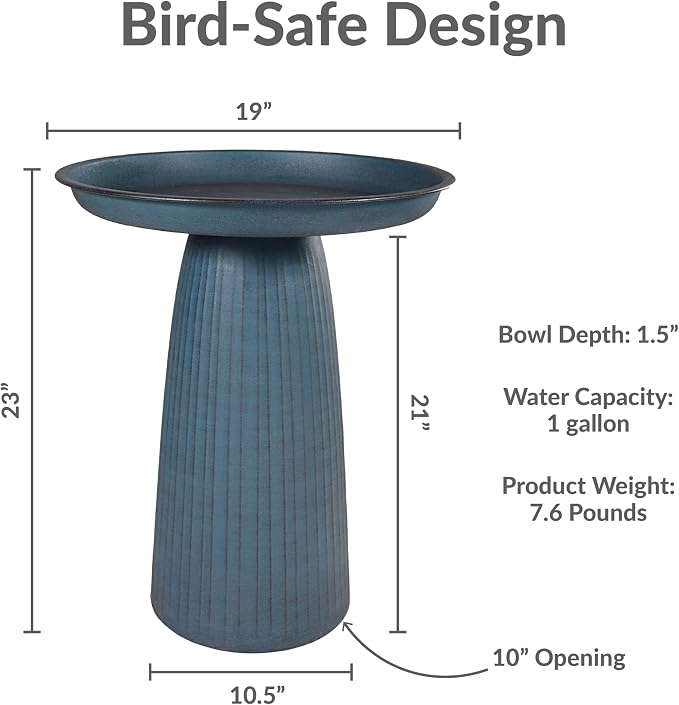 Sunnydaze Gleeful Garden 23" Iron Pedestal Bird Bath for Outside - Modern Shallow Basin Birdbath for Outdoors with UV-Protected Rust-Resistant Finish for Patio, Garden, Yard Decor - Matte Blue