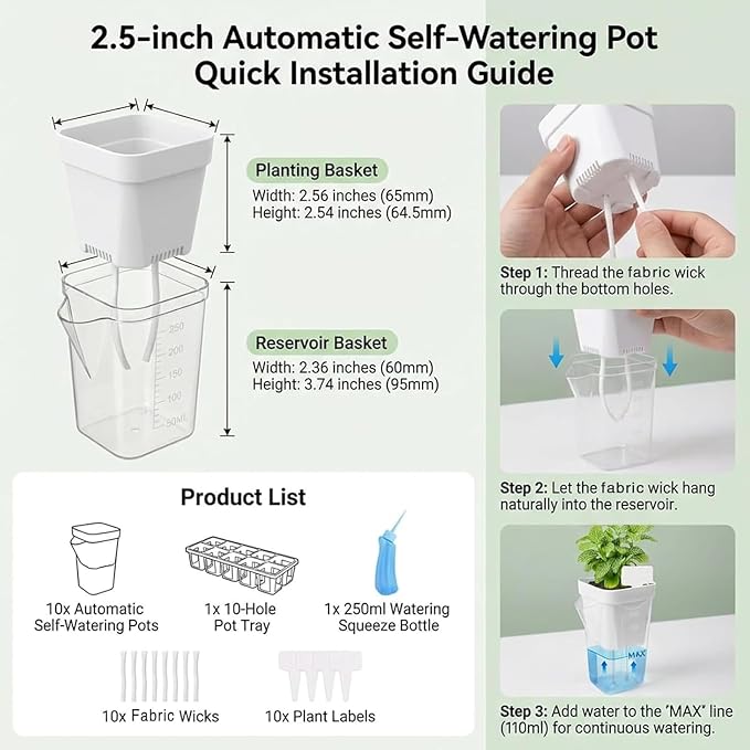 10 Pack 2.5" Self Watering Pots for Indoor Plants with Anti-Tip Tray & Reservoir Refill Bottle, Seed Starter Kit for Seedlings, Cuttings, Succulents, Herbs