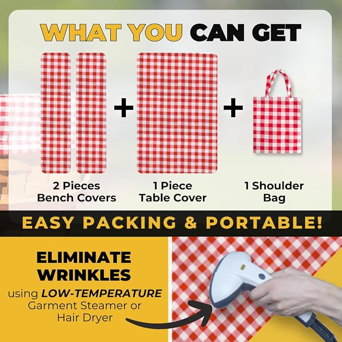 RNOONY Vinyl Fitted Picnic Table Cover with Bench Covers and Bag, 6ft Outdoor Waterproof Picnic Tablecloth with Elastic Edges, 72x30 Inches 3 Pcs Set (Red Checkered)