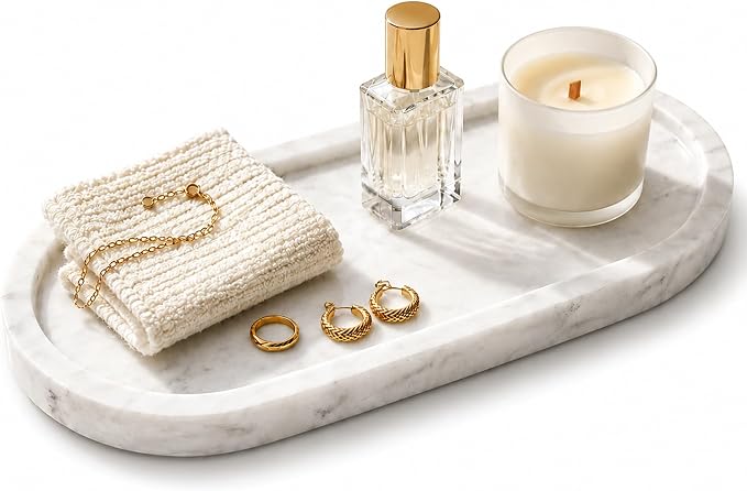 Natural Marble Vanity Tray Waterproof Italy Stone Bathroom Organizer for Perfume, Candles & Jewelry Non-Slip Oval Storage Tray for Spa, Bedroom, Kitchen 9.8" x 4.5" White (BH101)