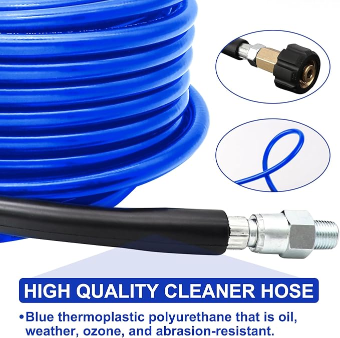 West Bay Sewer Jetter Kit 100 FT for Pressure Washer, 5800 PSI Drain Cleaner Hose 1/4 Inch NPT Corner Rotating and Button Nose Sewer Jetting Nozzle Spanner WatertightTape Pearl Corsage Pin(Blue)