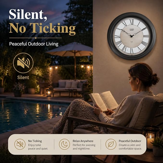 Pytha Sight 18 Inch Outdoor Clocks Waterproof, Atomic Analog Large Roman Numerals Outdoor Wall Clock with Light Sensor, Silent Non-Ticking Outdoor Clock for Patio Garden Porch Pool