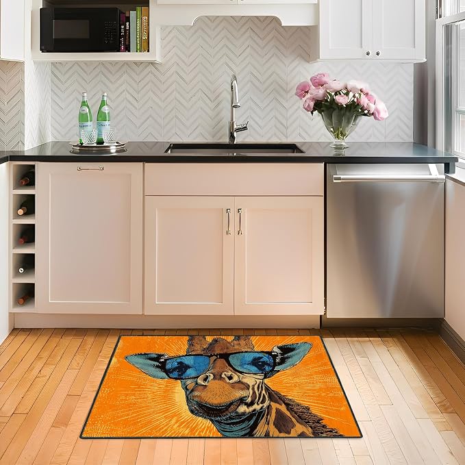 Cool Giraffe with Sunglasses 2x3 Entry Rug,Washable Small Rugs for Entryway Kitchen Bathroom Door Mat Indoor Entrance,Non Slip Rubber Backing, Stain & Fade Resistant,Fun Pop Art Decor