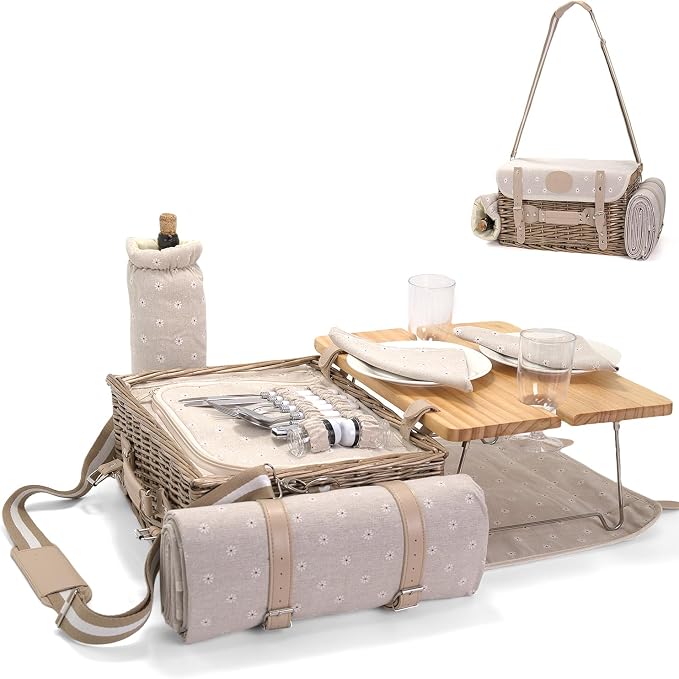 Multifunctional Wicker Picnic Basket Set for 2 with Blanket and Picnic Table, Insulated Picnic Set with Full Tablewares for Camping Outdoor Couples, Flowers