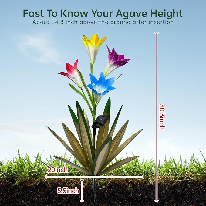 Homight Solar Metal Agave Lily Flower Garden Sculpture with LED Lights 30.3 Inch Waterproof Outdoor/Indoor Yard Decor Handmade Lawn Ornament Gift for Family Friends (3, Green)
