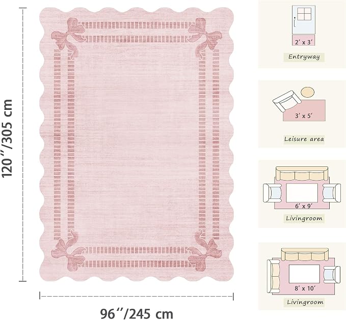 Latte&Fog 8x10 Area Rugs for Living Room Washeble Cute Scalloped Pink Rug | for Girls Bedroom Dining Kitchen Kids Playroom Nursery Classroom Dorm Farmhouse Office, Non Slip Low Pile Soft Floral Carpet