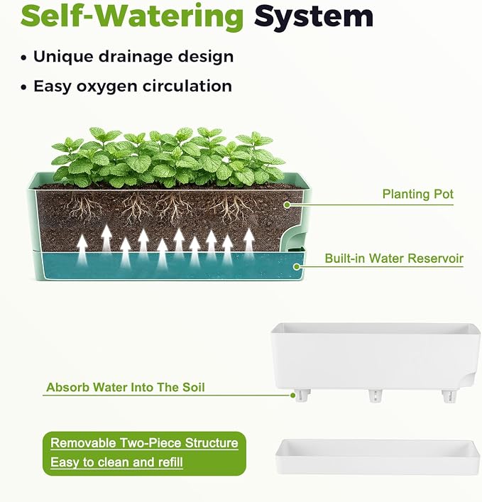 4 Pack Self Watering Pots for Indoor Plants 17 Inches Window Boxes Planters Rectangular Flower Pots Rectangle Herb Pots Large Plant Pots with Drainage Holes and Saucers Windowsill Planter, White