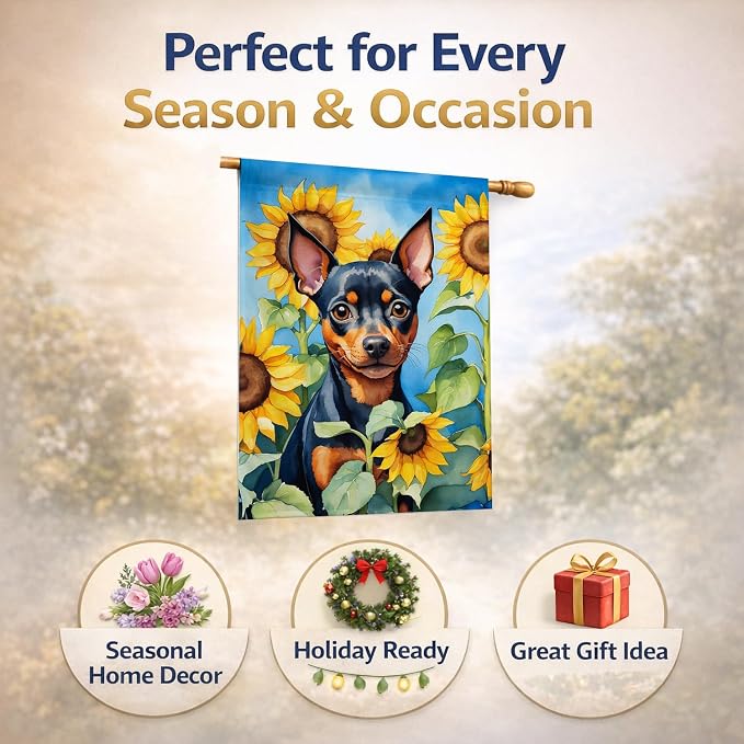 Caroline's Treasures DAC6121CHF Miniature Pinscher in Sunflowers House Flag Large Porch Sleeve Pole Decorative Outside Yard Banner Artwork Wall Hanging, Polyester, House Size, Multicolor