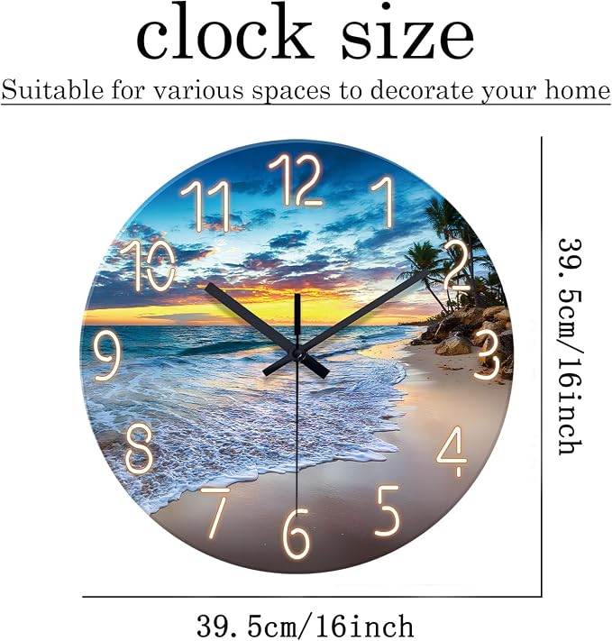 Glass Beach Wall Clocks Battery Operated 16 Inches or Larger | Analog Wall Clock Silent Non Ticking Blue Ocean Wall Clock for Living Room Bedroom Bedroom Kitchen Office