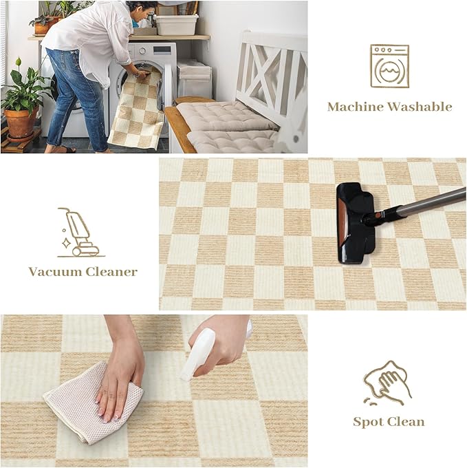 LIVEBOX 8x10 Area Rugs for Living Room, Checkered Non-Slip Washable Rugs, Farmhouse Neutral Classic Geometric Pattern Large Boys Area Rug for Bedroom, Carpet for Dining Room Office(Ivory,8'x10')