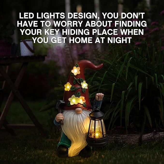 Riakrum Gnome Hide a Key Outside Figurine Key Hider with Solar Light Yard | Resin Waterproof Garden Statue, Hidden Spare Key Compartment, Solar Lights Glow at Night, Gift for Women Homeowners