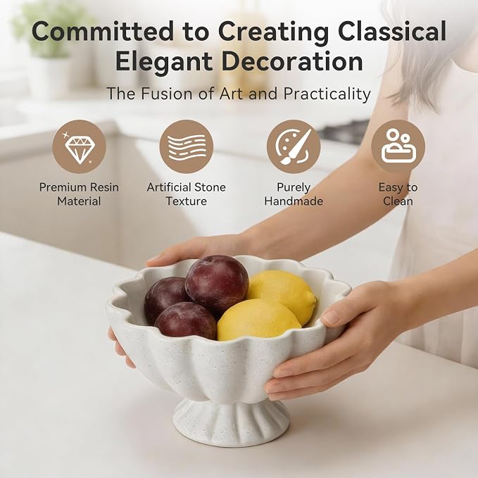 Pedestal Decorative Bowl Home Decor - 7.9" Morden Resin Handmade Decorative Fruit Bowl for Kitchen Counter, Chic Ruffle Bowl Centerpiece Decor for Dining Table Coffee Table (Spotted White)