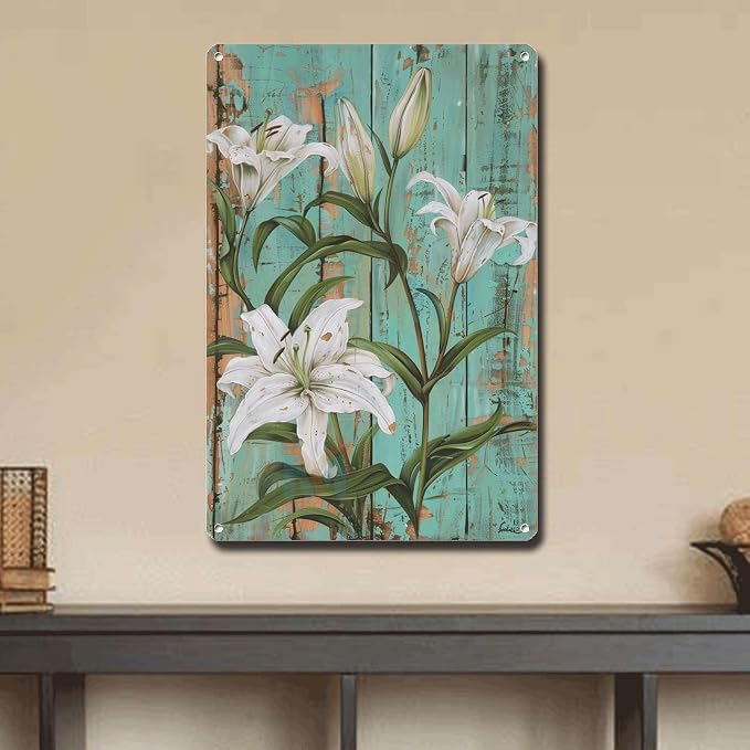 Metal Sign Tin Sign Vintage Wall Art Shabby Chic Lilies Tin Sign for Vintage Botanical Art Rustic Wall Panels and Distressed Wood Acce Boho Bedroom Decorations for Bar 8×12 Inches
