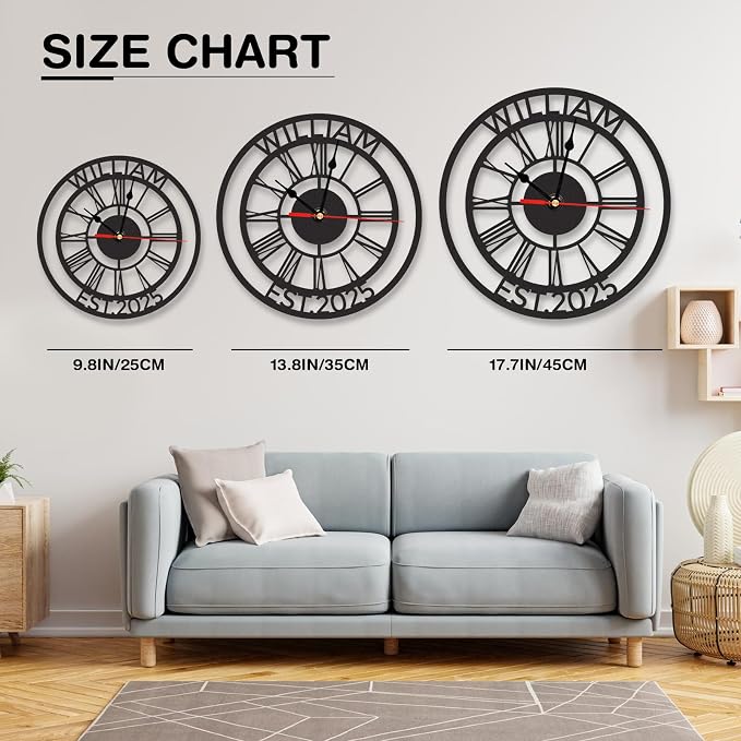 Personalized Large Outdoor Clock Waterproof, Custom Family Name Outdoor Pool Clock with Roman Numeral, Silent Vintage Modern Wall Clock Decorative for Living Room Bedroom Decor, Customized Gifts
