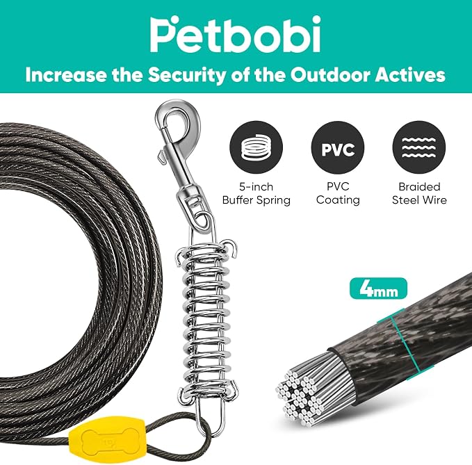 Petbobi Dog Tie-Out Cable and Stake - 50ft Heavy Duty Cable with Spring, No Tangle, 16in Ground Stake, Ideal for Outdoor Yard, Camping, Suitable for Small Medium Large Dogs Up to 120 lbs, Black