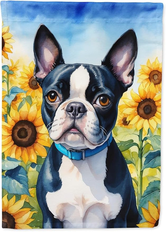 Caroline's Treasures DAC6036CHF Boston Terrier in Sunflowers House Flag Large Porch Sleeve Pole Decorative Outside Yard Banner Artwork Wall Hanging, Polyester, House Size, Multicolor
