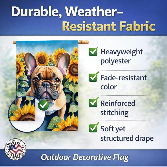 Caroline's Treasures DAC6081CHF French Bulldog in Sunflowers House Flag Large Porch Sleeve Pole Decorative Outside Yard Banner Artwork Wall Hanging, Polyester, House Size, Multicolor