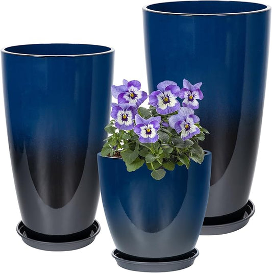 Neoaider Set of 3 Tall Planter, 24/21/12in Large Plastic Planter, Dark Blue | Ceramic-Look, Lightweight, Built-in Drain Hole, Saucers, Tall Outdoor Planter for Porch, Garden, Patio, Balcony