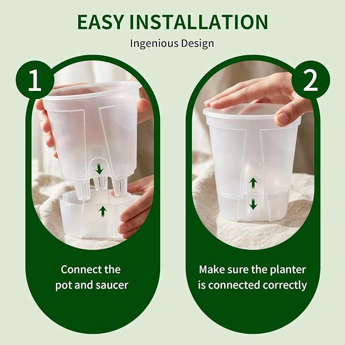 Cdd's Path Self Watering Pots Set with Deep Water Tank, Large Drainage Holes, Reservoir & Air Pipes, 5/6/7/8 Inch Naked Root Planter for Indoor Outdoor Plants, Flowers, Seedlings, Clear, 4 Pack