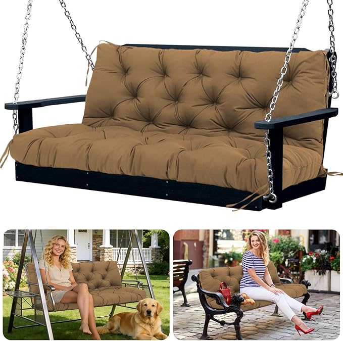Porch Swing Cushions 2 Seater Replacement Thicken 5" Waterproof & Fade Resistant Swing Cushions for Outdoor Furniture Bench Patio Swing Cushion with Backrest & Ties(Coffee 40x40x5inch)