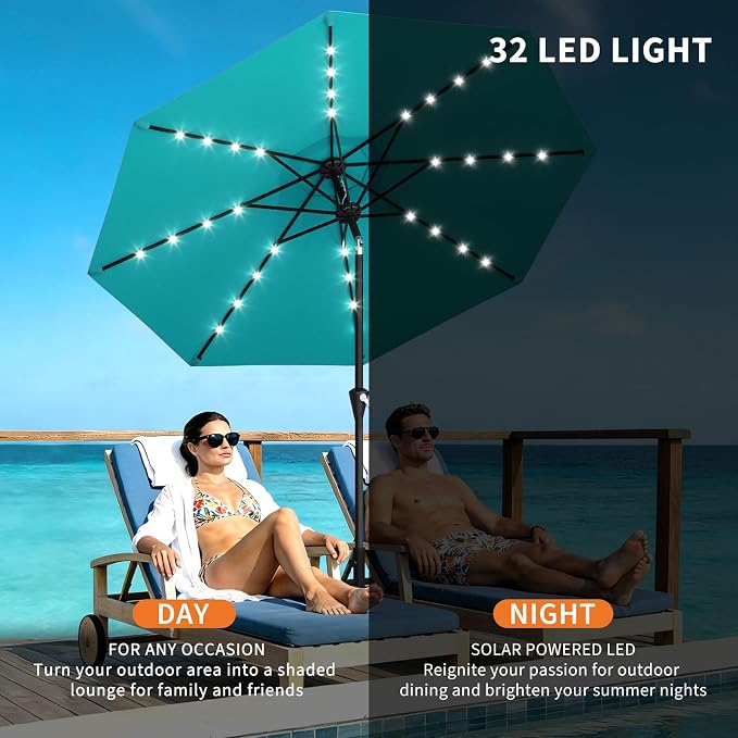 Garvee 10FT Solar Patio Umbrella with 32 LED Lights - Outdoor Table Umbrella with Crank Lift, Push Button Tilt and 8 Sturdy Ribs - Market Umbrella UV Protection for Pool, Deck, Yard, Garden -Sky Blue