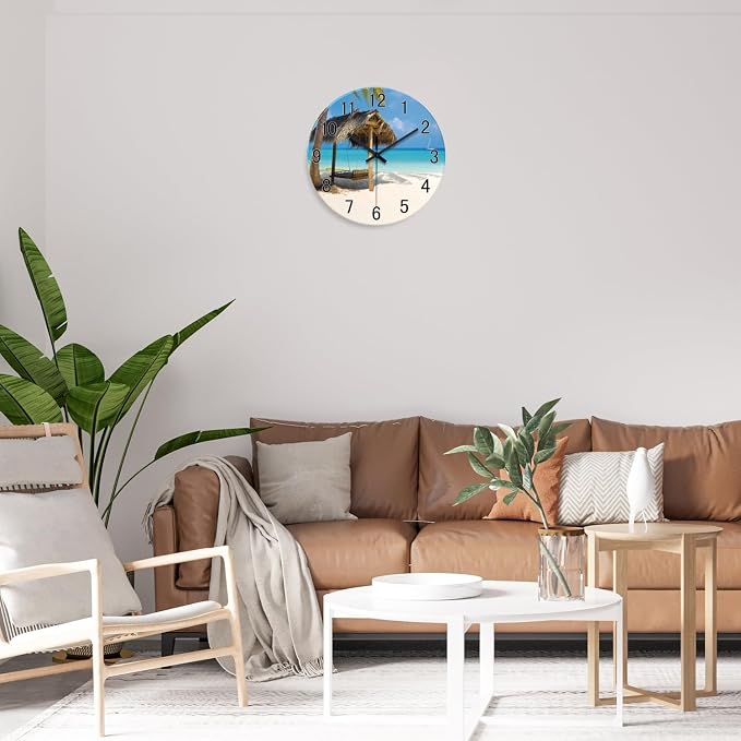 XFM Tropical Beach Wall Clock Battery Operated 12 Inch | Silent Non-Ticking Battery Operated Blue Coastal Modern Decorative for Living Room Kitchen Bedroom Office