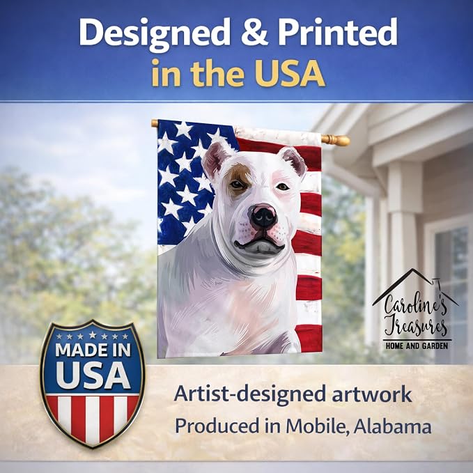 Caroline's Treasures CK6470CHF Bully Kutta Dog American Flag House Flag Large Porch Sleeve Pole Decorative Outside Yard Banner Artwork Wall Hanging, Polyester, House Size, Multicolor