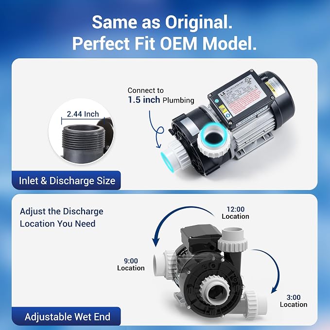 Hot Tub Circulation Pump 230V,63GPM,1.5in (Model: WTC50M-Standard) | LX Pump 100% Copper Motor, High Efficiency, Low Noise, Replace OEM Models