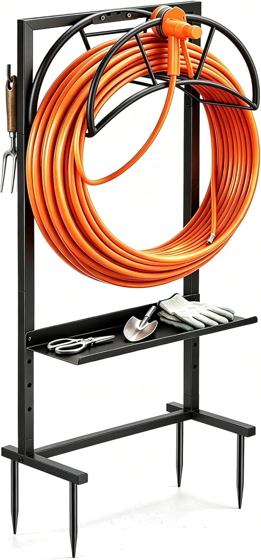 facka Garden Hose Holder Freestanding Metal Hose Stand 4-Prong Shelf Hooks | Holds up to 160FT Hose for Yard Garden Outdoor，Water Hose Holder and Hose Hanger, Alternative to Hose Reels for Outside