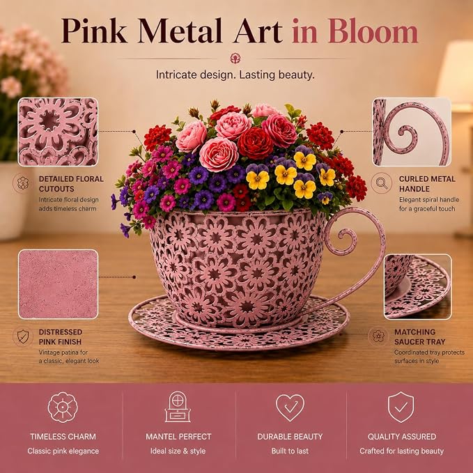 12 Inch Antique Metal Teacup Planter for Outdoor Plants Teapot Planter Floral Hollow Out Decorative Rustic Iron Flower Pot for Summer Garden Patio Home Decor (Vintage Rose)