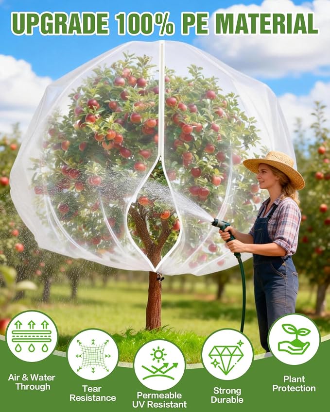 JoyHalo Fruit Tree Netting with Zipper & Drawstring, 8 × 8FT Pest Barrier Netting for Garden, 60-Mesh PE Tree Covers for Bush, Blueberry, Vegetables & Plant Protection (2 Packs)