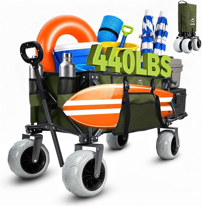 Heavy Duty Beach Wagon with 9" Big Sand-Proof Wheels, Extended Tailgate Design, 440lbs Folding Wagon Cart, 41" Utility Wagon with Side Bag, Adjustable Handle for Sand, Outdoor Green