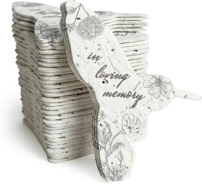 Plantable Memorial Gift Tags with Wildflower Seeds – 48 Pack Black & White Hummingbird-Shaped Writable Gift Wrap Tags for Funeral Favors, Sympathy Gifts & Celebration of Life Keepsakes