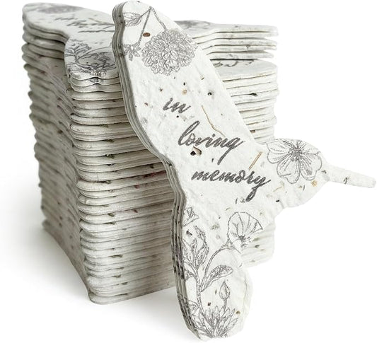 Plantable Memorial Gift Tags with Wildflower Seeds – 48 Pack Black & White Hummingbird-Shaped Writable Gift Wrap Tags for Funeral Favors, Sympathy Gifts & Celebration of Life Keepsakes