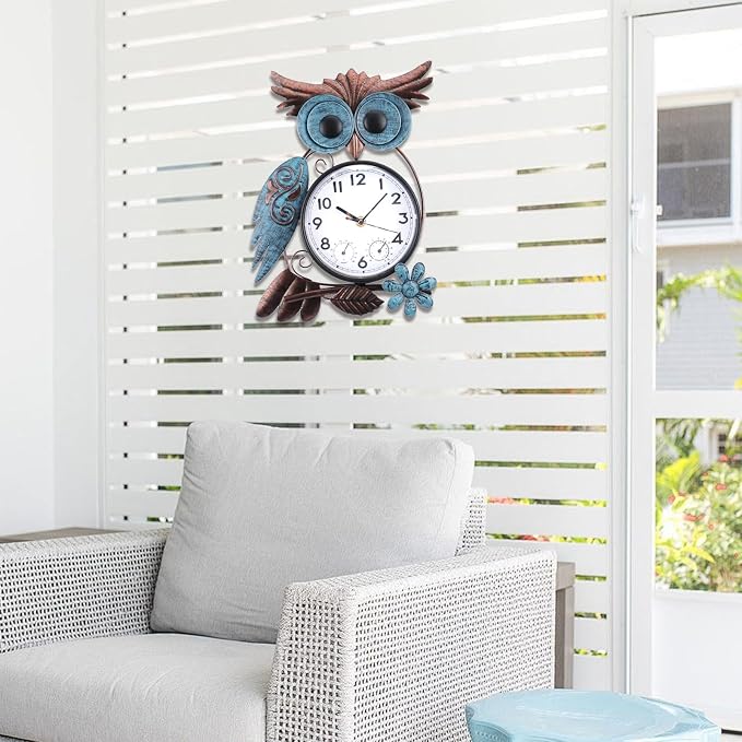MUMTOP Owl Outdoor Clock Waterproof, 14.56 Inch Outside Wall Clock with Thermometer Combo for Patio Pool Garden Home Decor