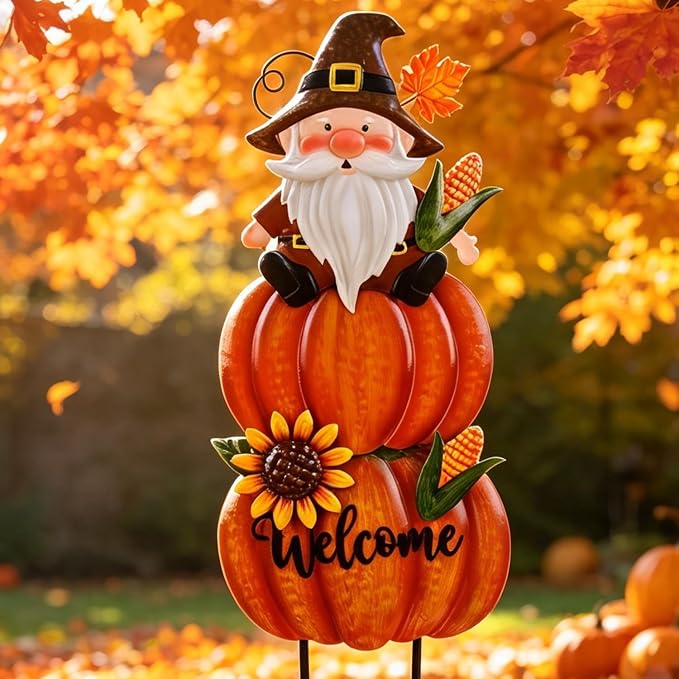 Fall Gnome Yard Stakes Large 39.3inch for Thanksgiving Decor | Metal Pumpkins for Outdoors Garden Patio Autumn Harvest Outdoor Decor