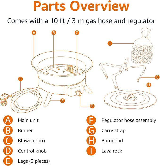 Amazon Basics Portable Propane Fire Pit, 19 inch Round Gas for Patio, 55,000 BTU, Carry Strap, Heat, Warmth and Ambience