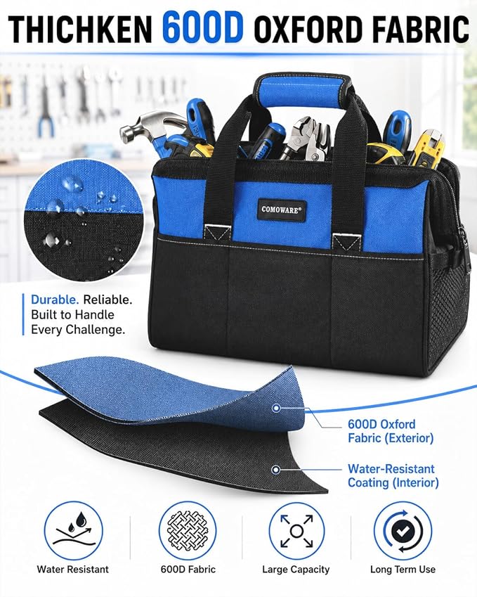 COMOWARE 13-Inch Tool Bag, Zip-top Wide Mouth Open top Tool Bag, Large Capacity Tool Organizer with Inside Pockets, Blue Tool Tote Bag for Carpenter, Mechanic and Home Repair