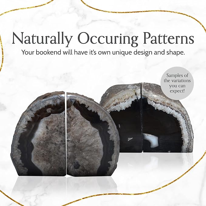 Nature's Decorations A Quality Black Agate Geode Bookends - Heavy Duty with Non-Skid Rubber Bumpers for Shelves, Office, Home Decor - Cool Crystal Stone (1 Pair 3-4 LB)