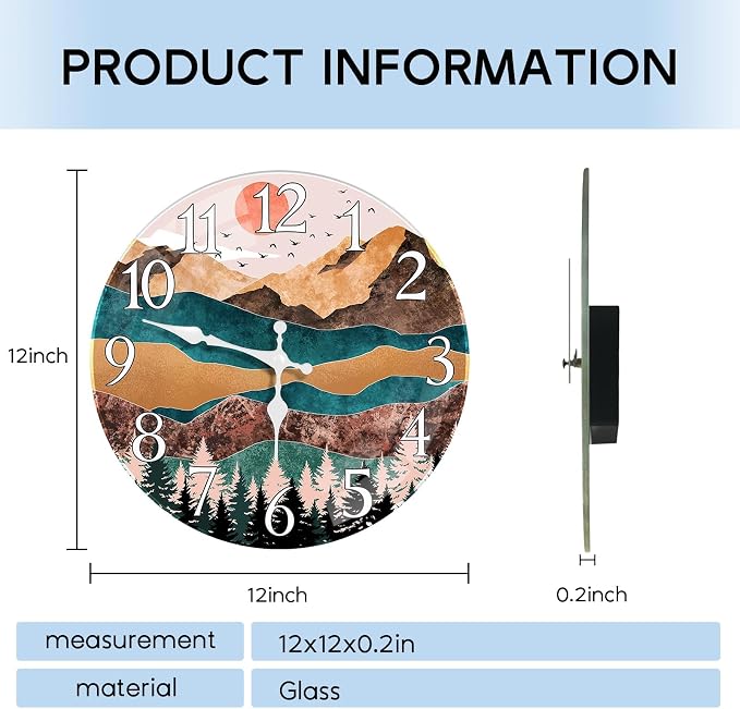 Britimes Round Wall Clock Silent Non-Ticking Battery Operated Outdoor Waterproof Glass Clock 12 Inch, Sunrise Mountain Forest Home Decor for Living Room, Kitchen, Bathroom, Bedroom, and Office