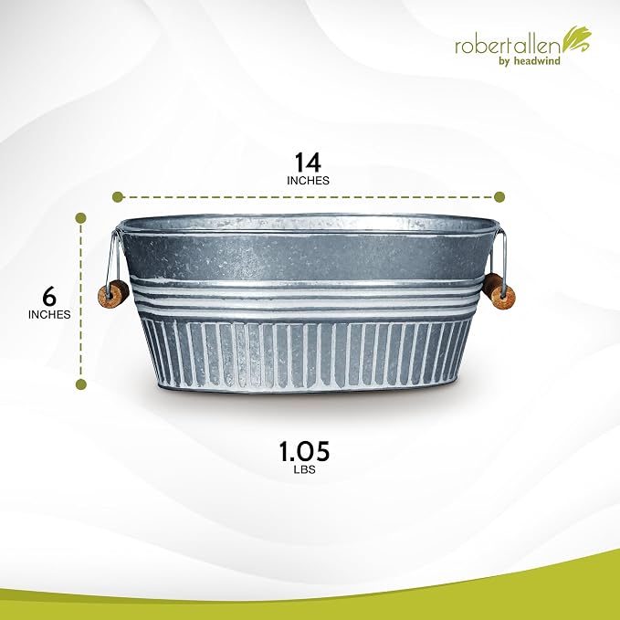 Headwind Vintage Collection 14-Inch Oval Galvanized Tub with Handles – Metal Wash Basin Planter - Galvanized Metal Tub for Indoor & Outdoor Use by Robert Allen