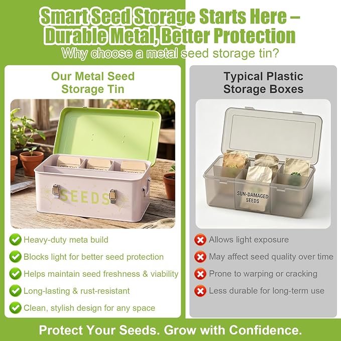 Seed Storage Organizer Box – Large Metal Seed Box with Dividers, 50 Envelopes, 100 Plant Labels, 50 Clips & Marker Pen | Seed Packet Container for Garden
