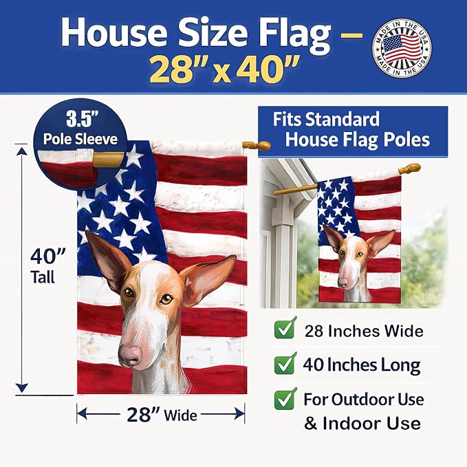 Caroline's Treasures CK6648CHF Podenco Canario Dog American Flag House Flag Large Porch Sleeve Pole Decorative Outside Yard Banner Artwork Wall Hanging, Polyester, House Size, Multicolor