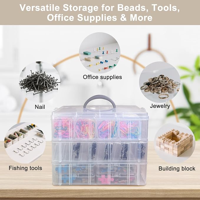 59 PCS Stackable Bead Organizer Box with Removable Cases, Labels & Handle | Clear Plastic Storage for Beads, Jewelry, Diamond Painting, Screws, Crafts, and Small Parts With Hinged lids