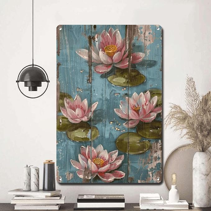 Metal Sign Tin Sign Vintage Wall Art Vintage Tranquil Water Lilies Tin Sign for Shabby Chic Interiors Rustic Elegance and Corrosion Re Boho Office Decor for Club 6×8 Inches