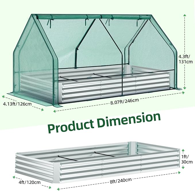Ohuhu Raised Garden Bed with Cover Outdoor, 8x4x1 FT Galvanized Metal Planter Box with PE Greenhouse Cover, 4 Doors for Ventilation, 3-in-1 Gardening Set for Vegetable Flower Herb Succulent