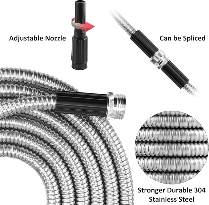 75ft Garden Hose Made by Metal with Super Tough and Soft Water Hose, Household Stainless Steel Hose, Mighty Garden Hose with Adjustable Nozzle, No Kinks and Tangles, Easy to Store with Storage Strap