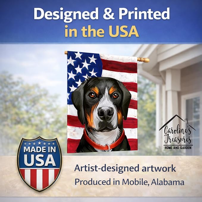 Caroline's Treasures CK6548CHF Greater Swiss Mountain Dog American Flag House Flag Large Porch Sleeve Pole Decorative Outside Yard Banner Artwork Wall Hanging, Polyester, House Size, Multicolor