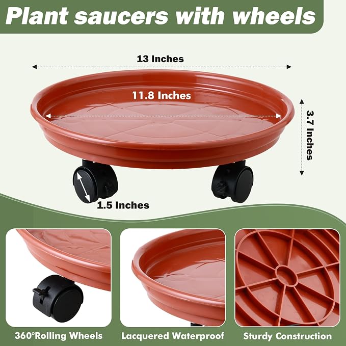 6 Packs Plastic Plant Caddy with Wheels 11.8" Plastic Rolling Plant Stands Heavy-duty Plant Dolly with Casters Indoor and Outdoor Plant Roller Base Wheels, Rust Red