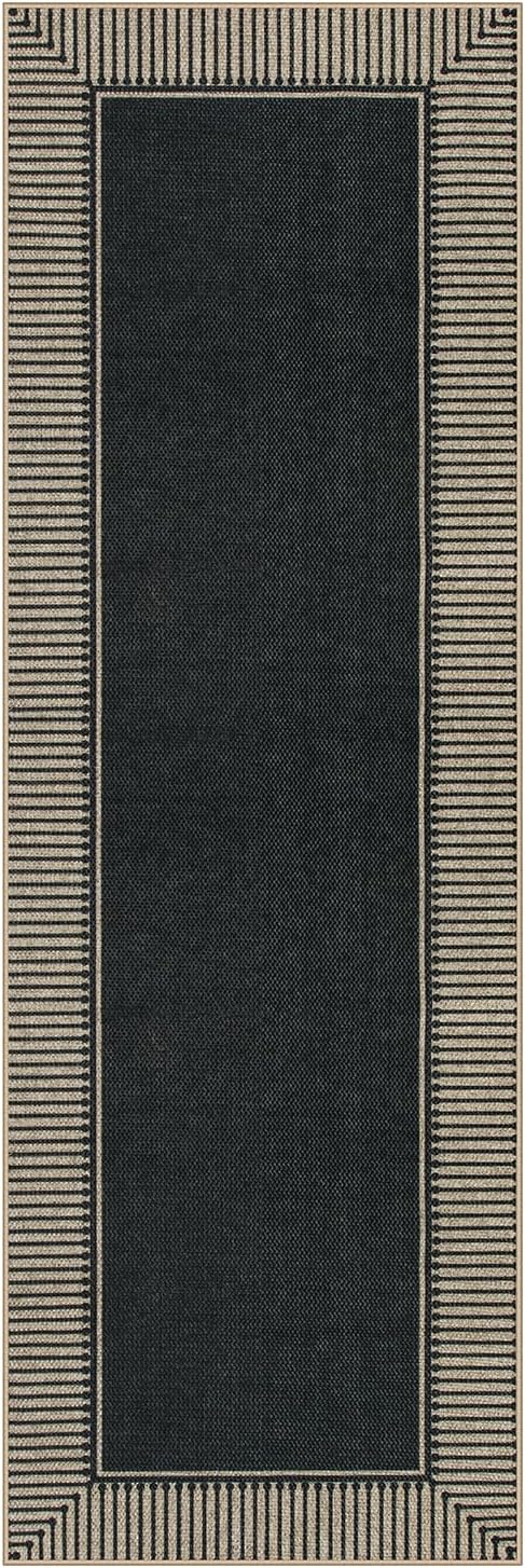 Moynesa Washable Black Striped Border Easy Jute Runner Rugs 2x6, Entryway Rug Runners for Kitchen, Farmhouse Indoor Outdoor Non Slip Carpet for Hallways Bathroom Bedroom Laundry